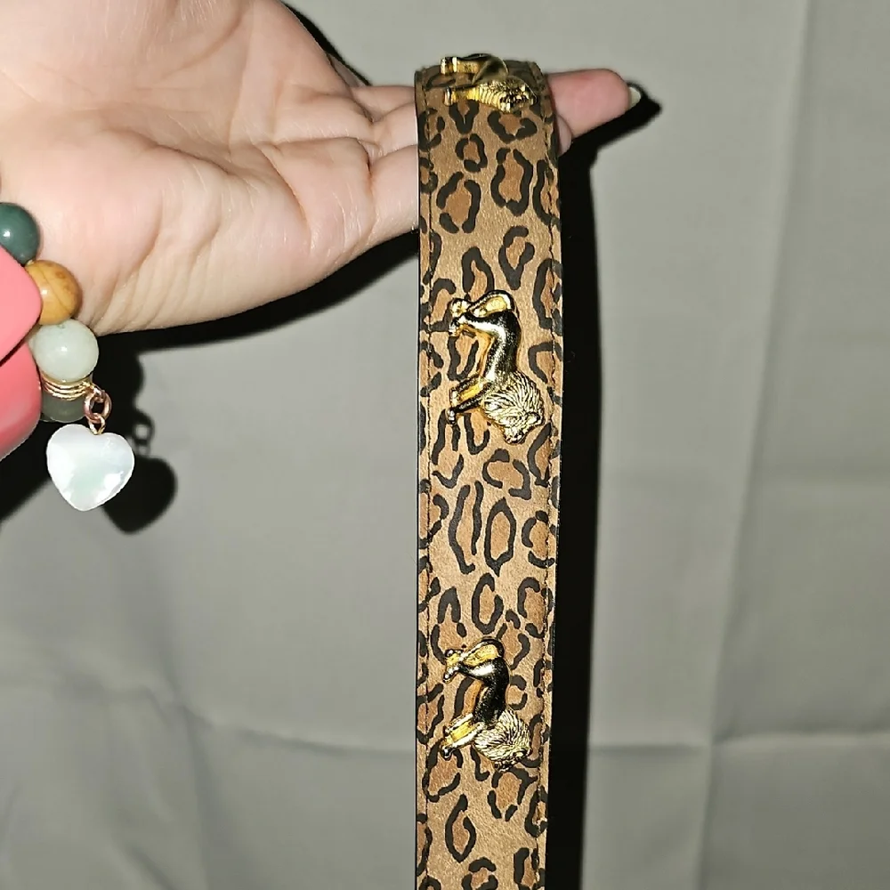Leopard Print Belt with Gold Tone Accents Lion Studs Retro I6